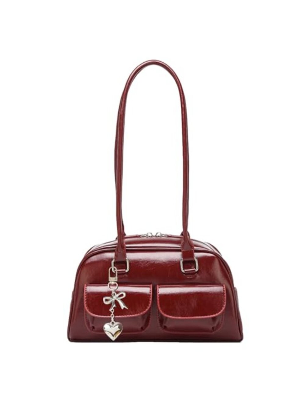 PU Leather Top Handle Bowler Bag Y2K Hobo Shoulder Tote with Pendant